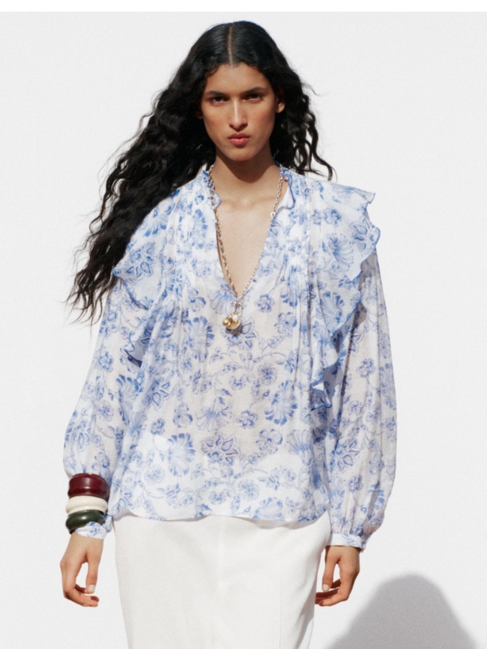 Zara Blue and White Floral Ruffle V-Neck Blouse